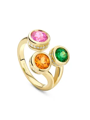 Beach Three Stone Sapphire Garnet Tsavorite Yellow Gold Ring