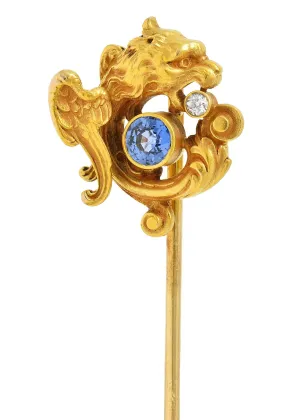 Blank & Co. Art Nouveau Sapphire Diamond 14 Karat Yellow Gold Griffin Stickpin