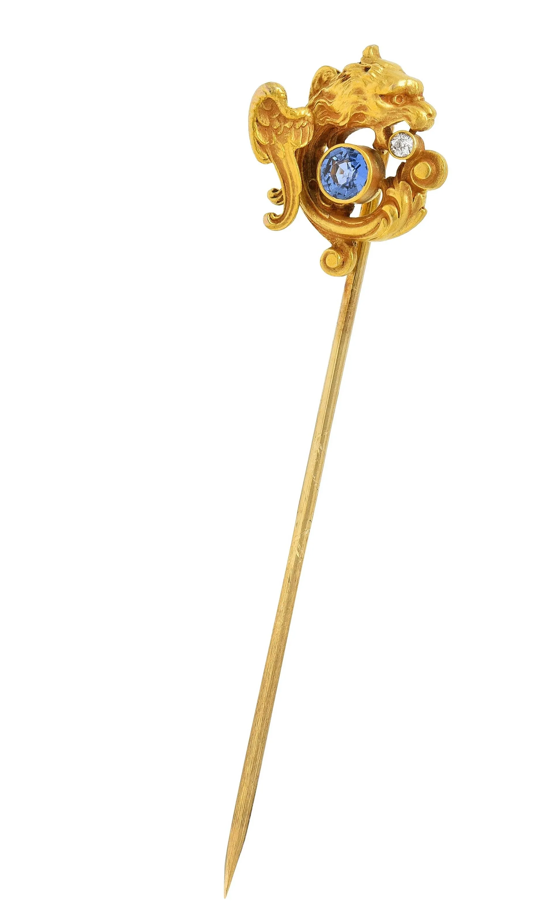 Blank & Co. Art Nouveau Sapphire Diamond 14 Karat Yellow Gold Griffin Stickpin