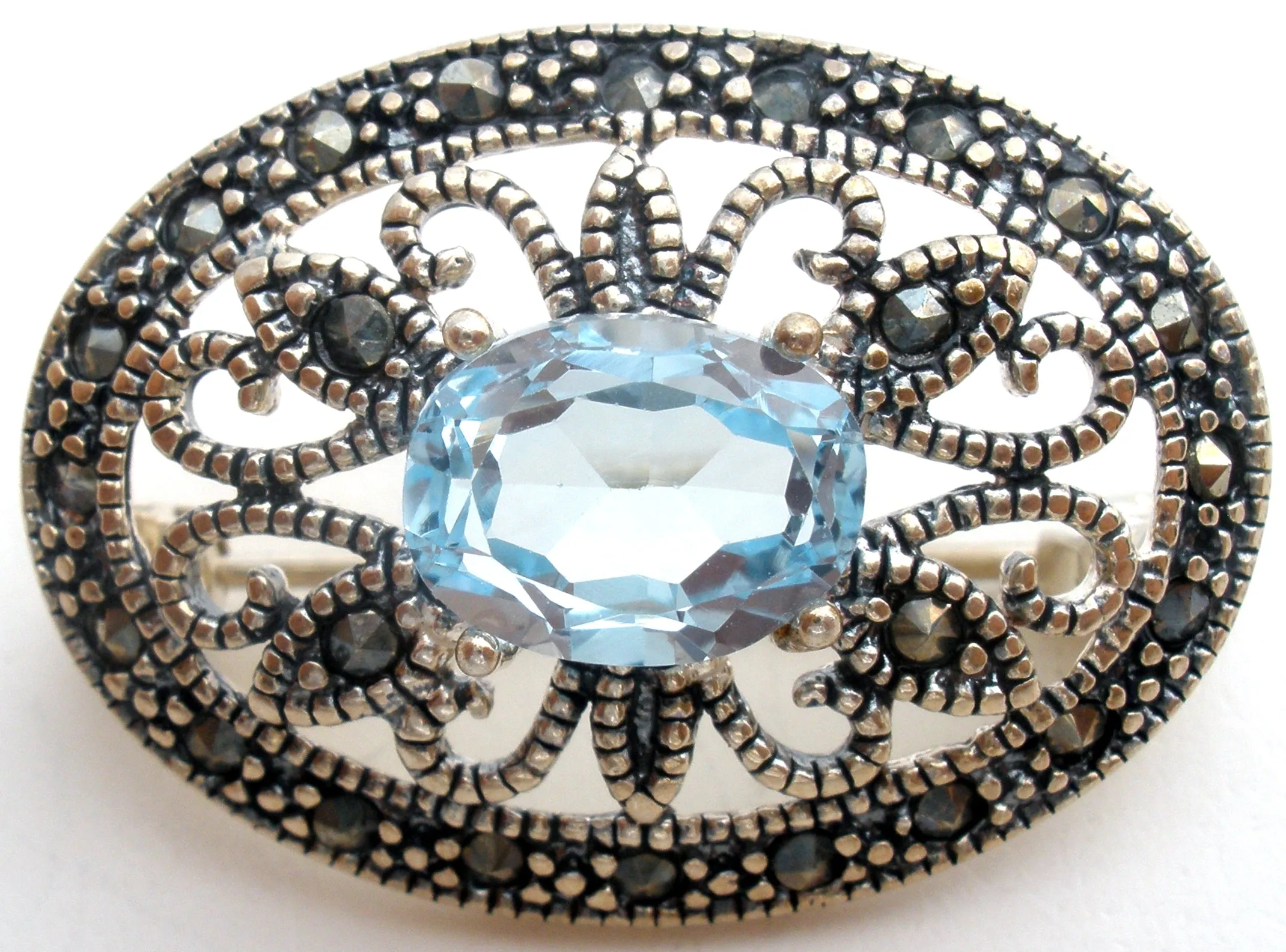 Blue Topaz & Marcasite Brooch Pin Sterling Silver