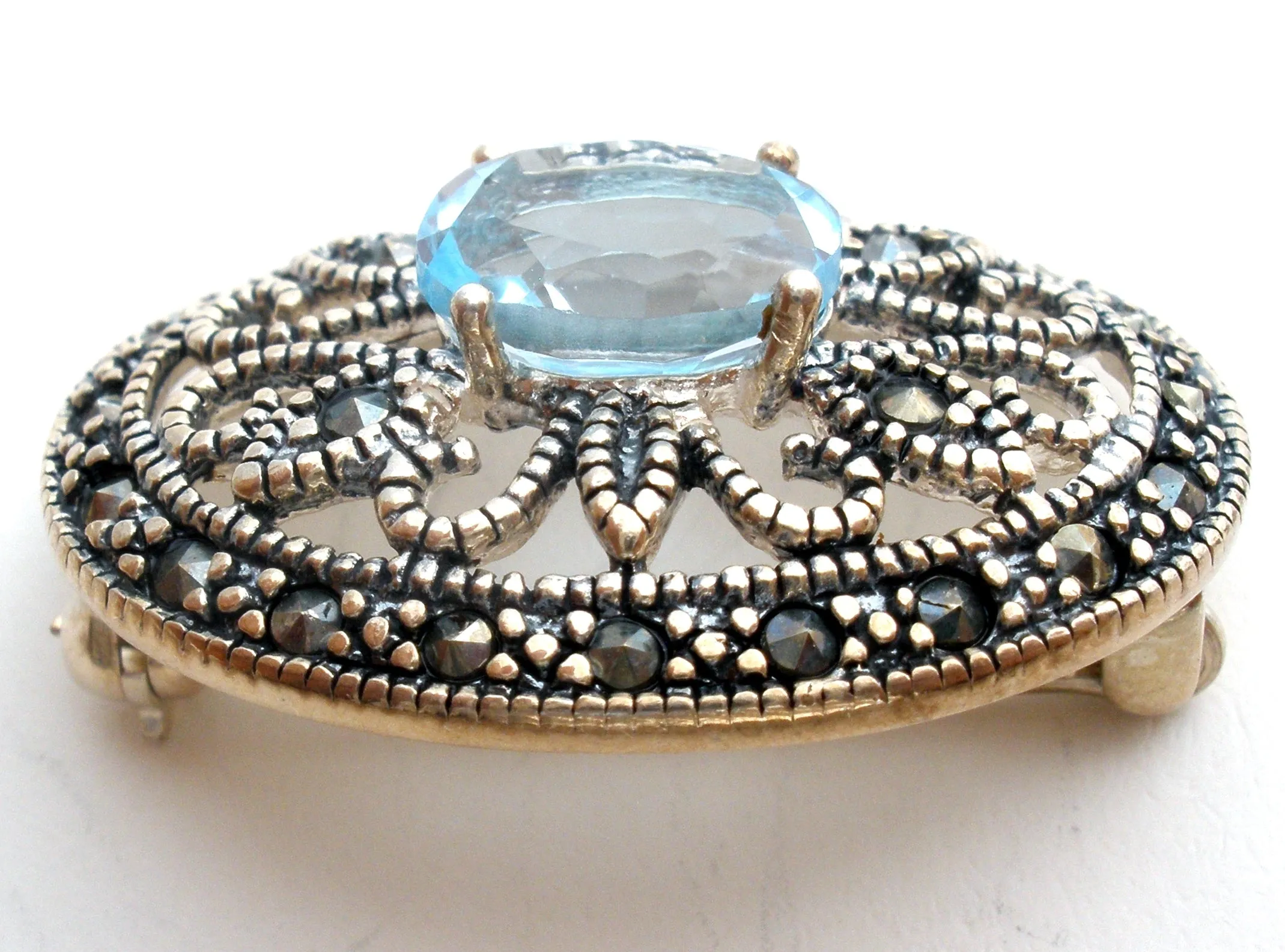 Blue Topaz & Marcasite Brooch Pin Sterling Silver