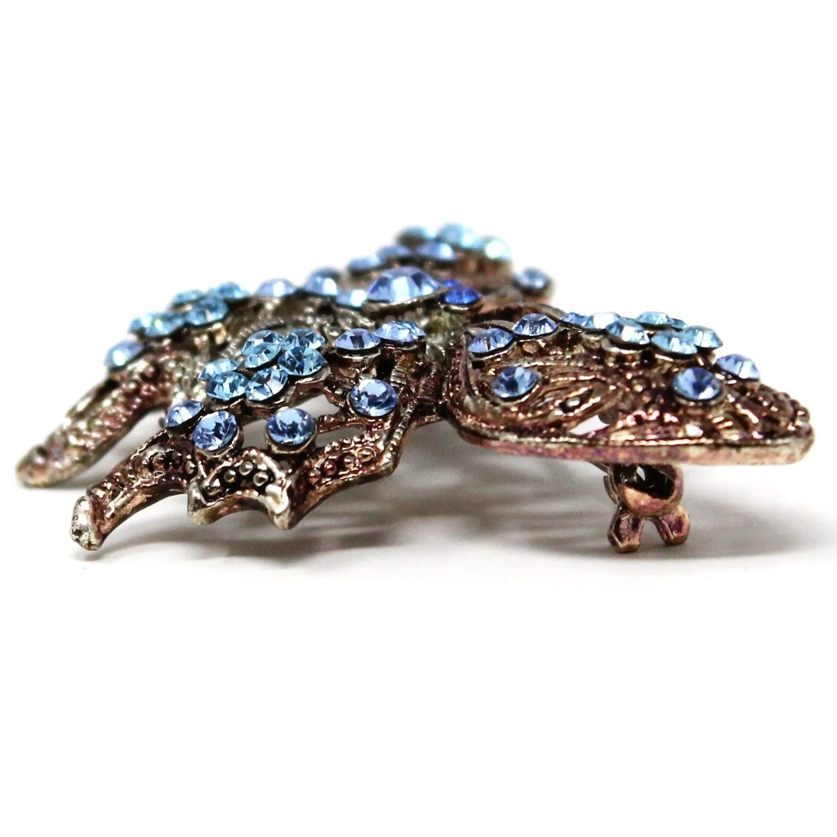 Brooch / Pin, Figural Butterfly, Blue Swarovski Crystals, Antiqued Silver Tone