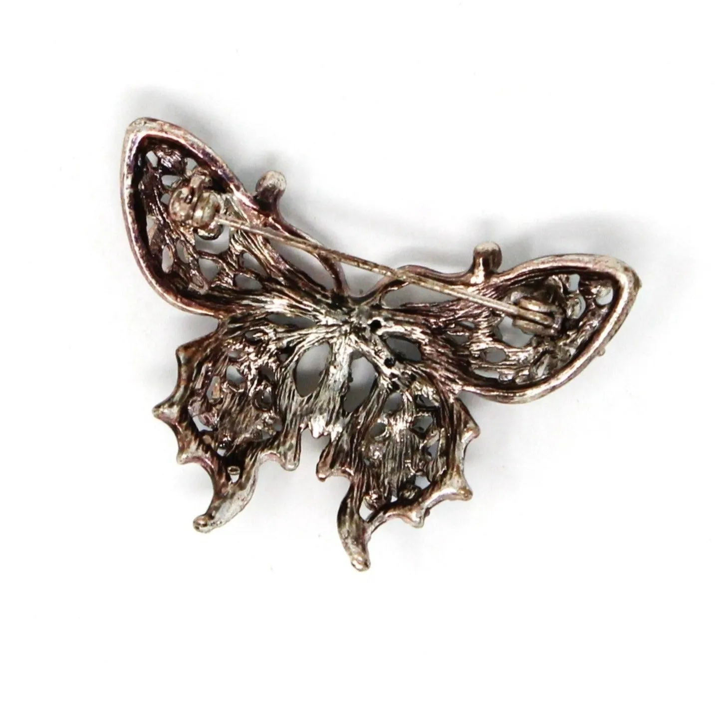 Brooch / Pin, Figural Butterfly, Blue Swarovski Crystals, Antiqued Silver Tone