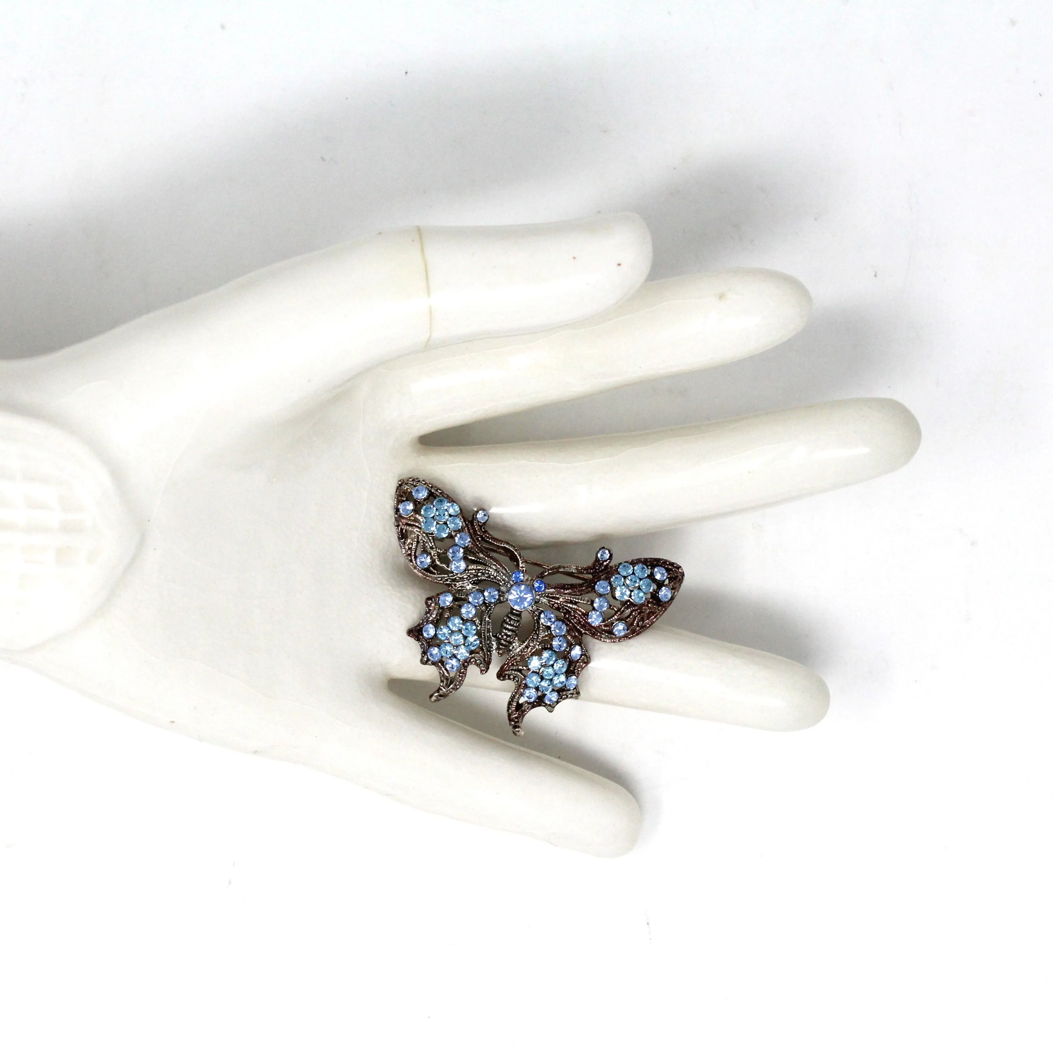 Brooch / Pin, Figural Butterfly, Blue Swarovski Crystals, Antiqued Silver Tone