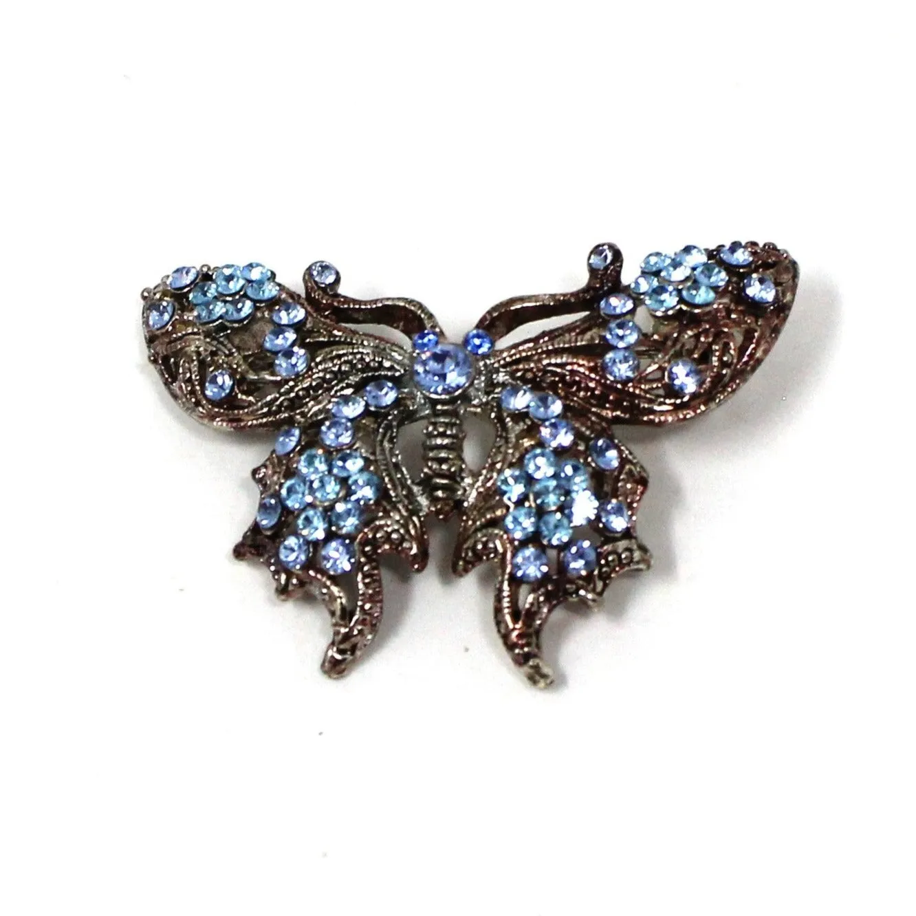 Brooch / Pin, Figural Butterfly, Blue Swarovski Crystals, Antiqued Silver Tone