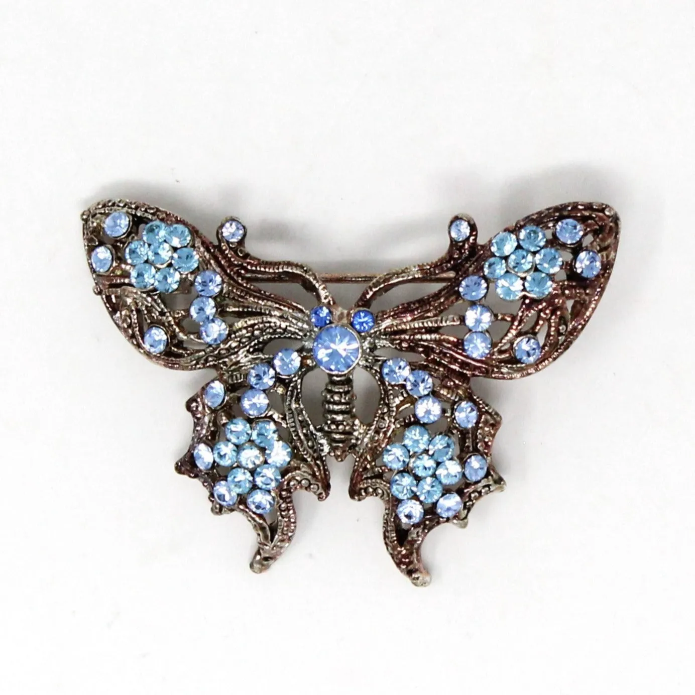 Brooch / Pin, Figural Butterfly, Blue Swarovski Crystals, Antiqued Silver Tone