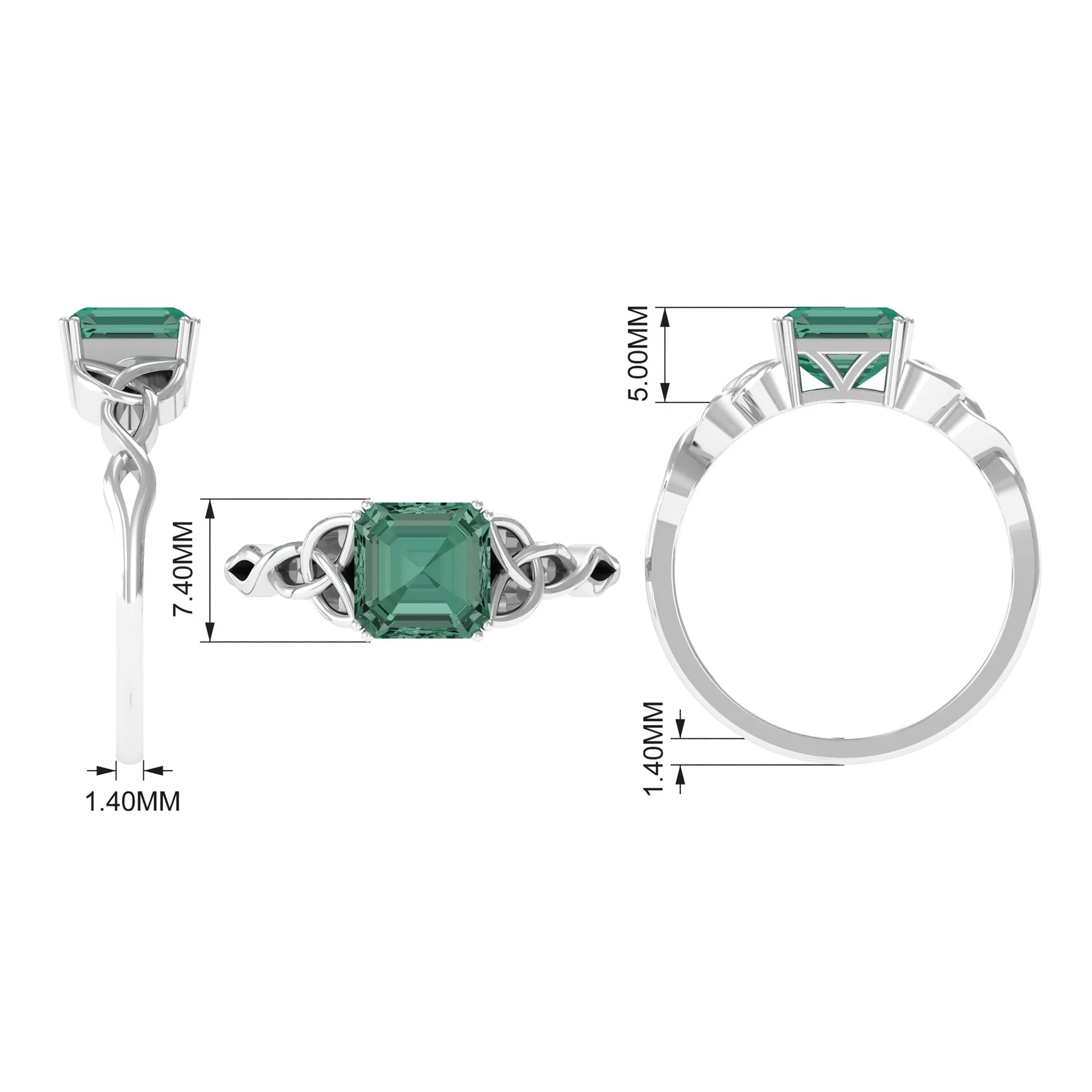 Certified Asscher Cut Lab Grown Green Sapphire Solitaire Celtic Engagement Ring