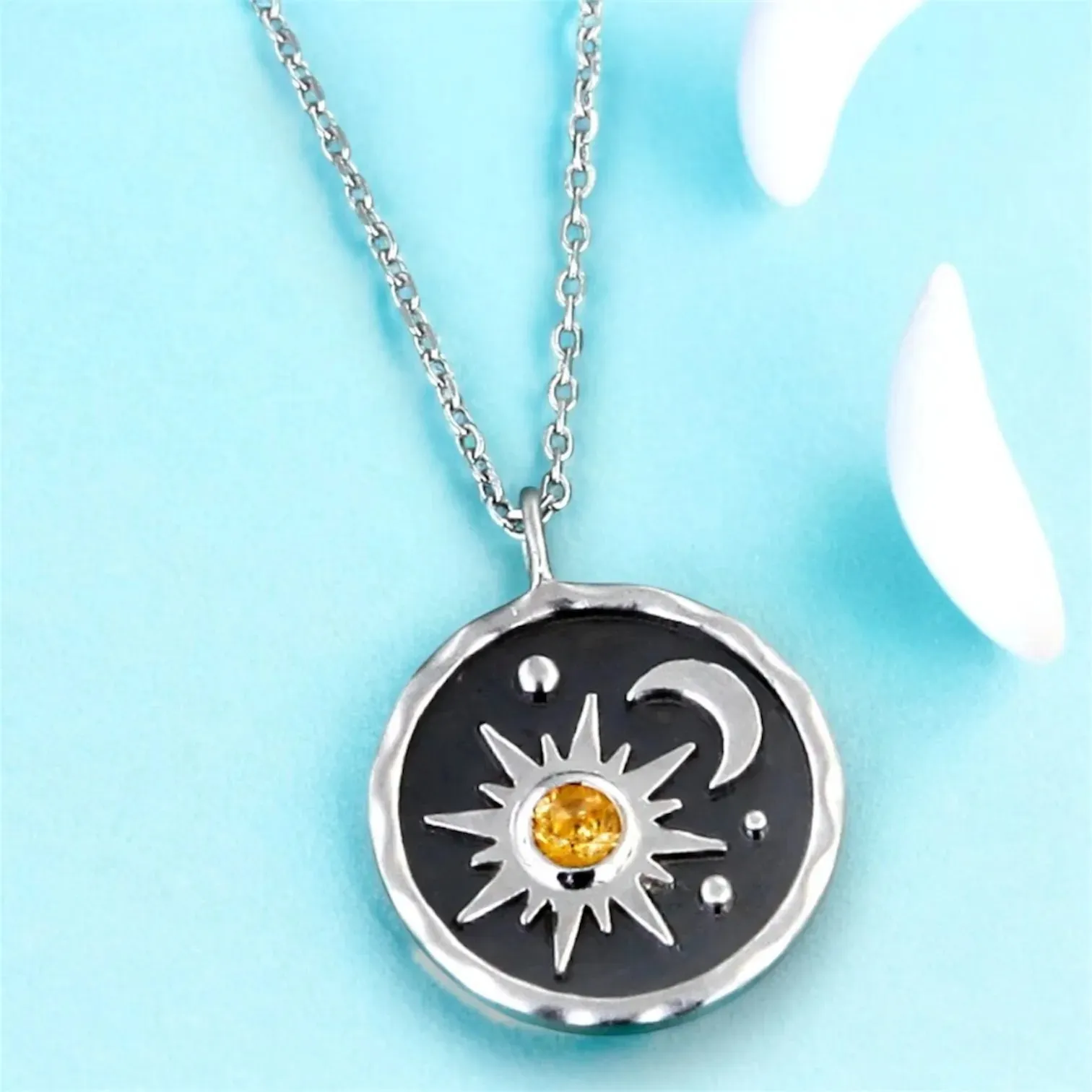 Citrine Sun and Crescent Moon Pendant Necklace Celestial Jewelry for Women