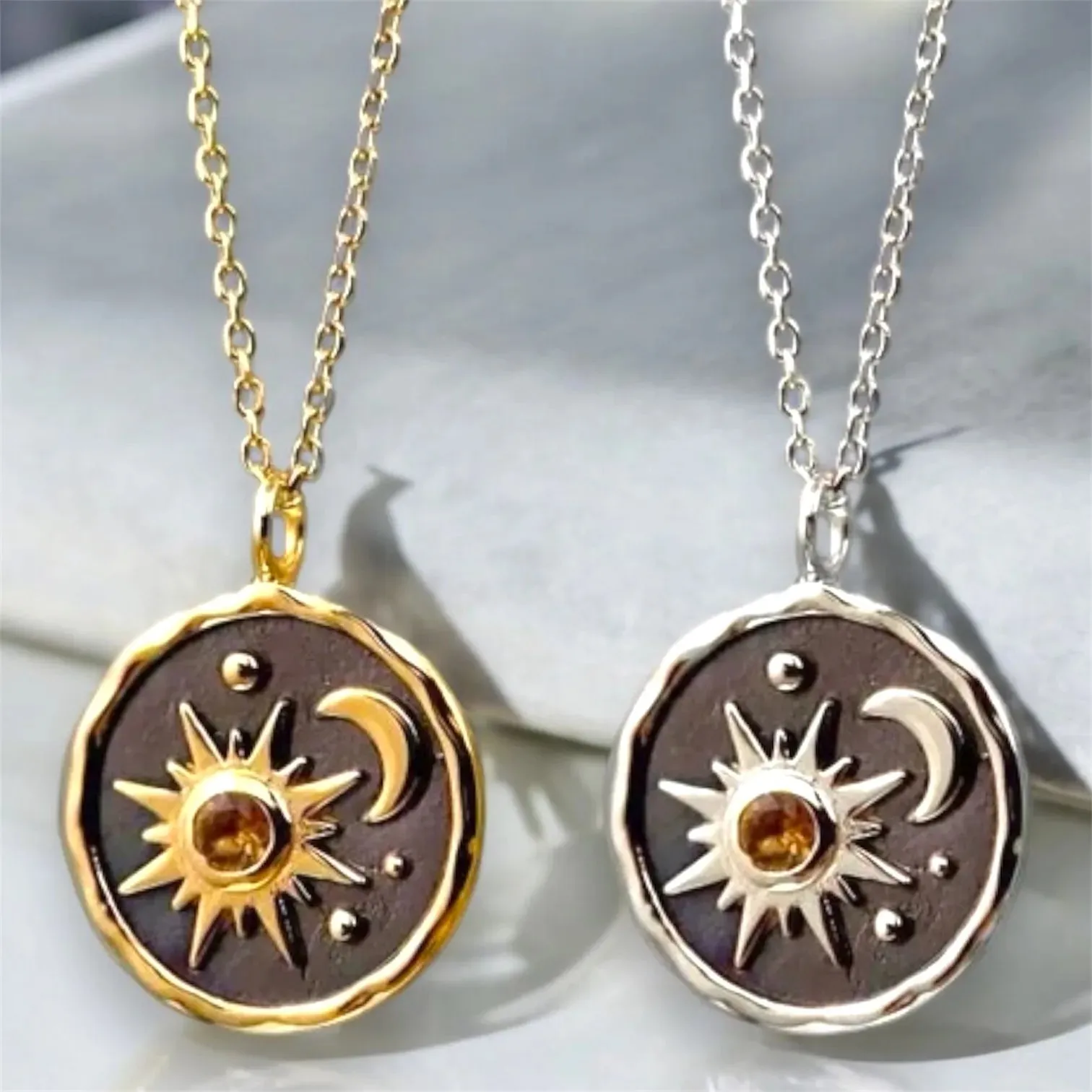 Citrine Sun and Crescent Moon Pendant Necklace Celestial Jewelry for Women