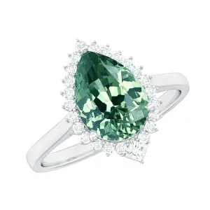 Cocktail Engagement Ring with Created Green Sapphire and Diamond Halo