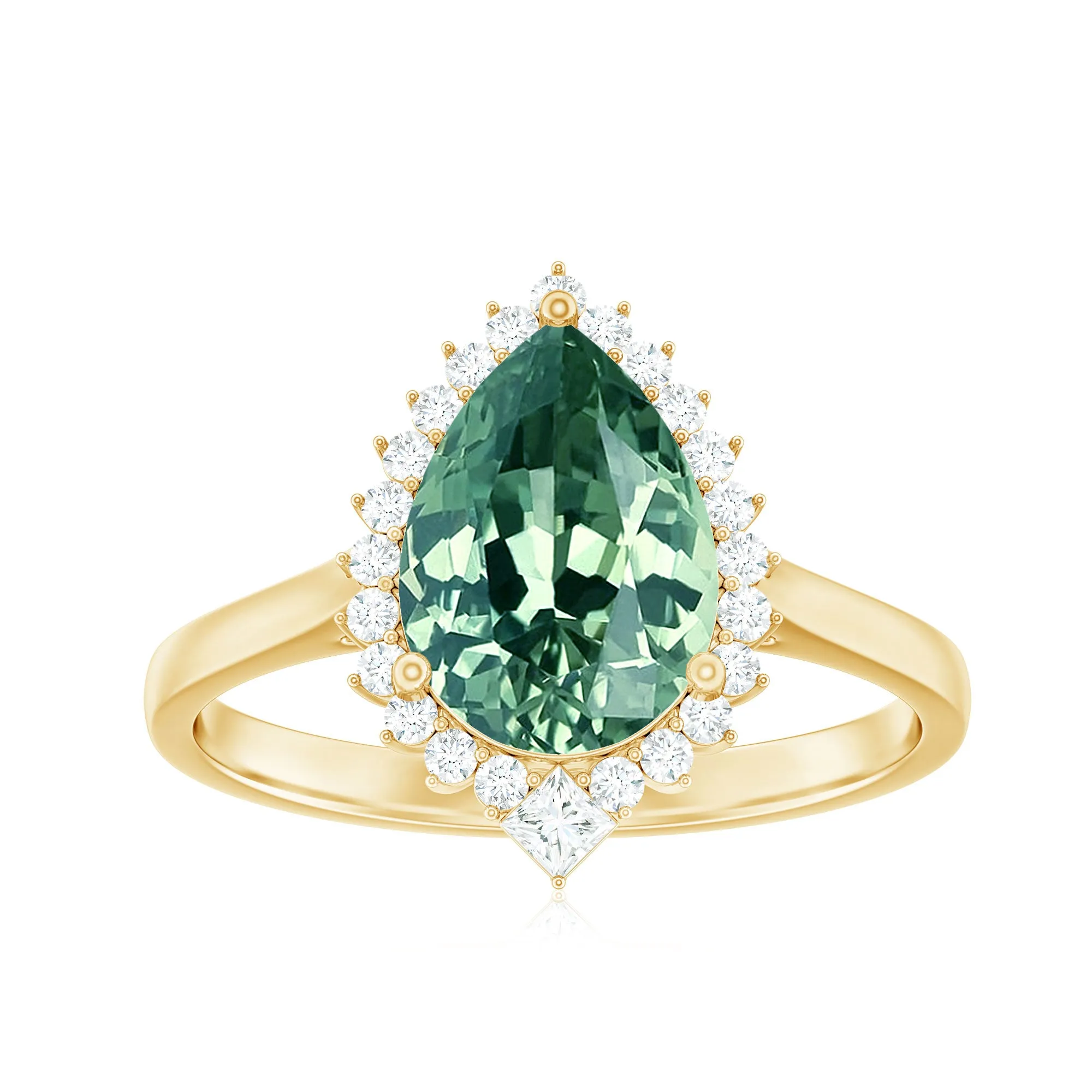 Cocktail Engagement Ring with Created Green Sapphire and Diamond Halo