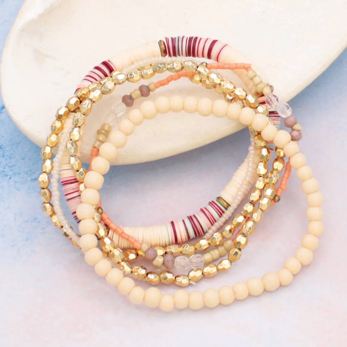 Creamsicle Gold & Peach Bead Stretch Bracelet - Set of 6