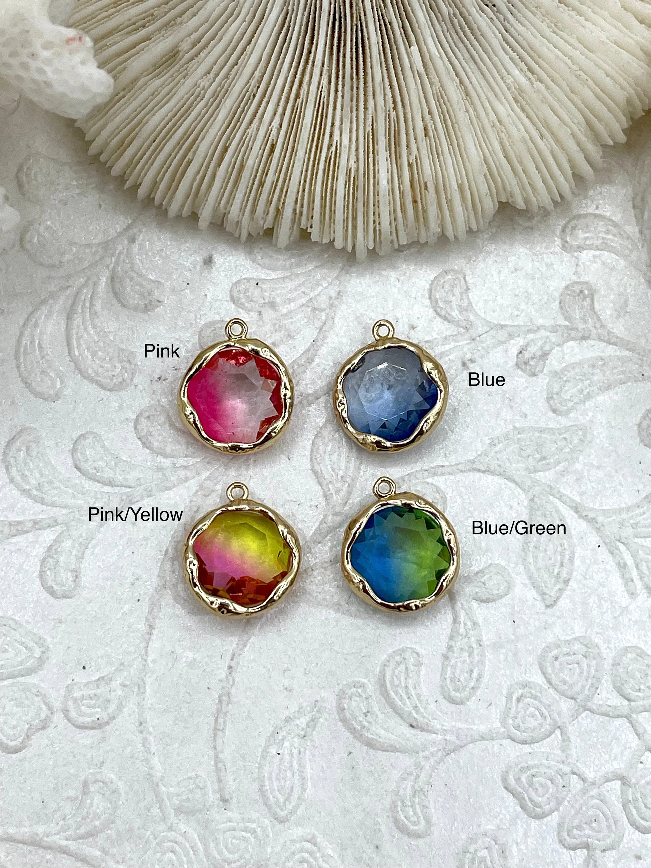 Crystal Gold Trimmed Charm Pendants. 4 styles, Blue, Pink, Blue/Green, and Pink/Yellow Crystals, 12mm Crystal Charms,Brass Charms,Fast Ship