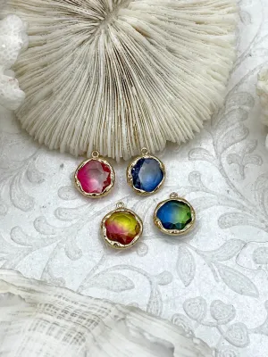 Crystal Gold Trimmed Charm Pendants. 4 styles, Blue, Pink, Blue/Green, and Pink/Yellow Crystals, 12mm Crystal Charms,Brass Charms,Fast Ship