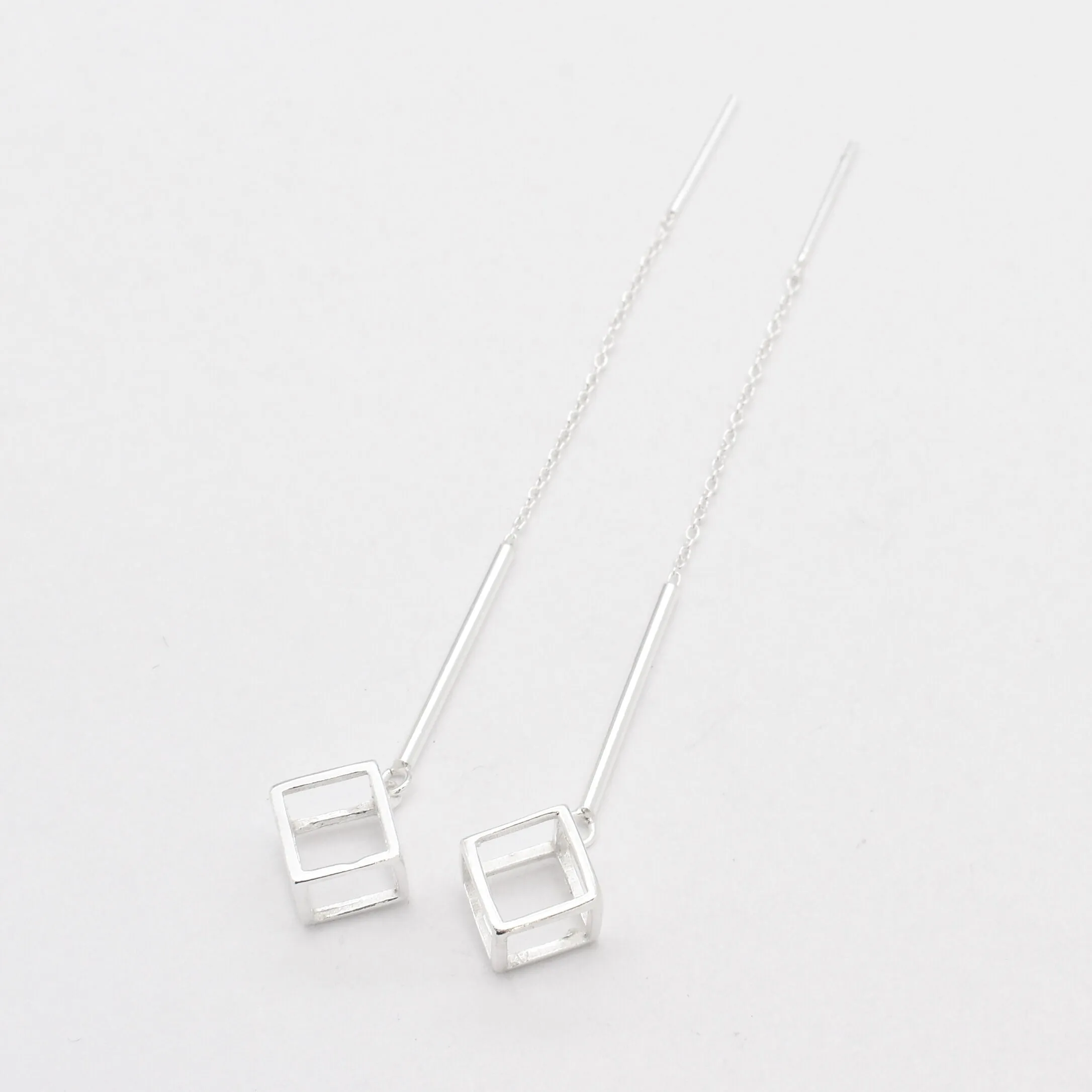 Cube Threader Earrings - Square Drop Earrings - Long Geometric Earrings