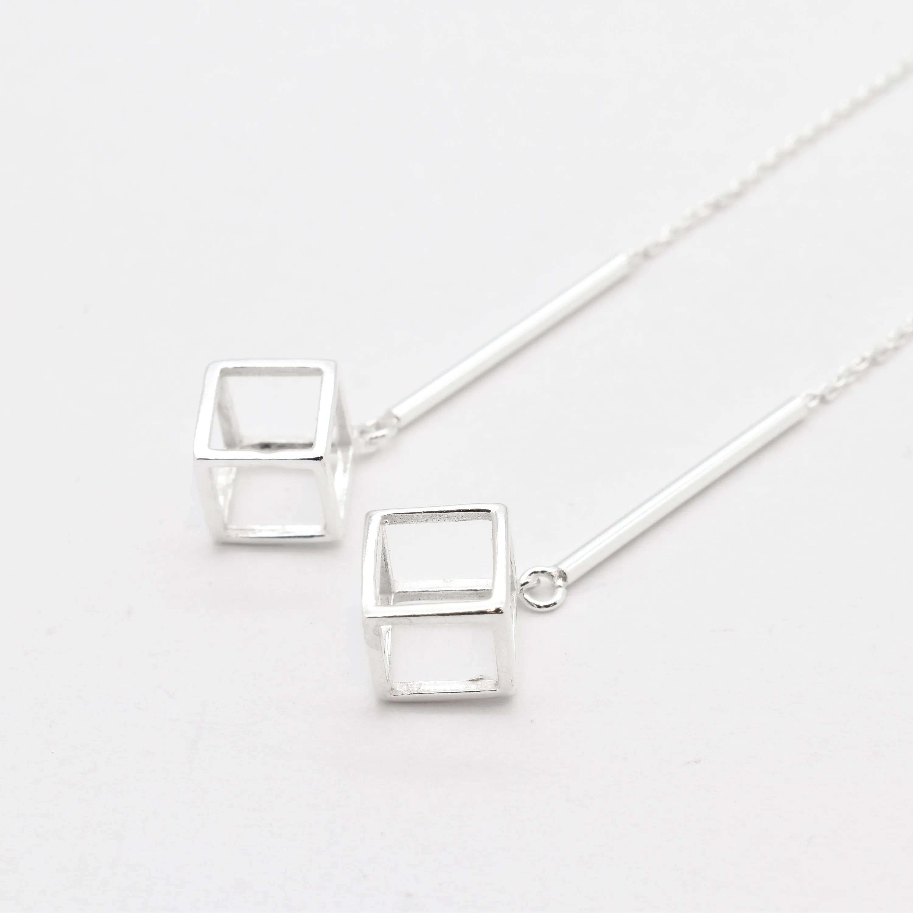 Cube Threader Earrings - Square Drop Earrings - Long Geometric Earrings