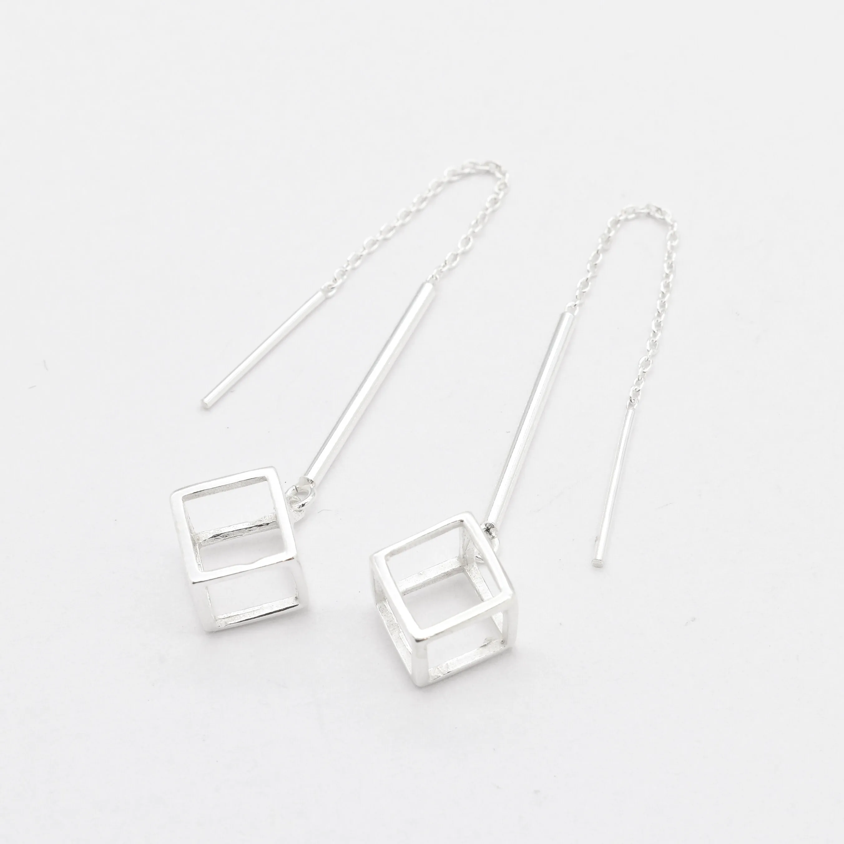 Cube Threader Earrings - Square Drop Earrings - Long Geometric Earrings