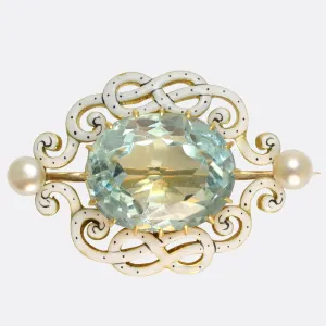 Edwardian 9.8ct Aquamarine, Pearl & Enamel Brooch