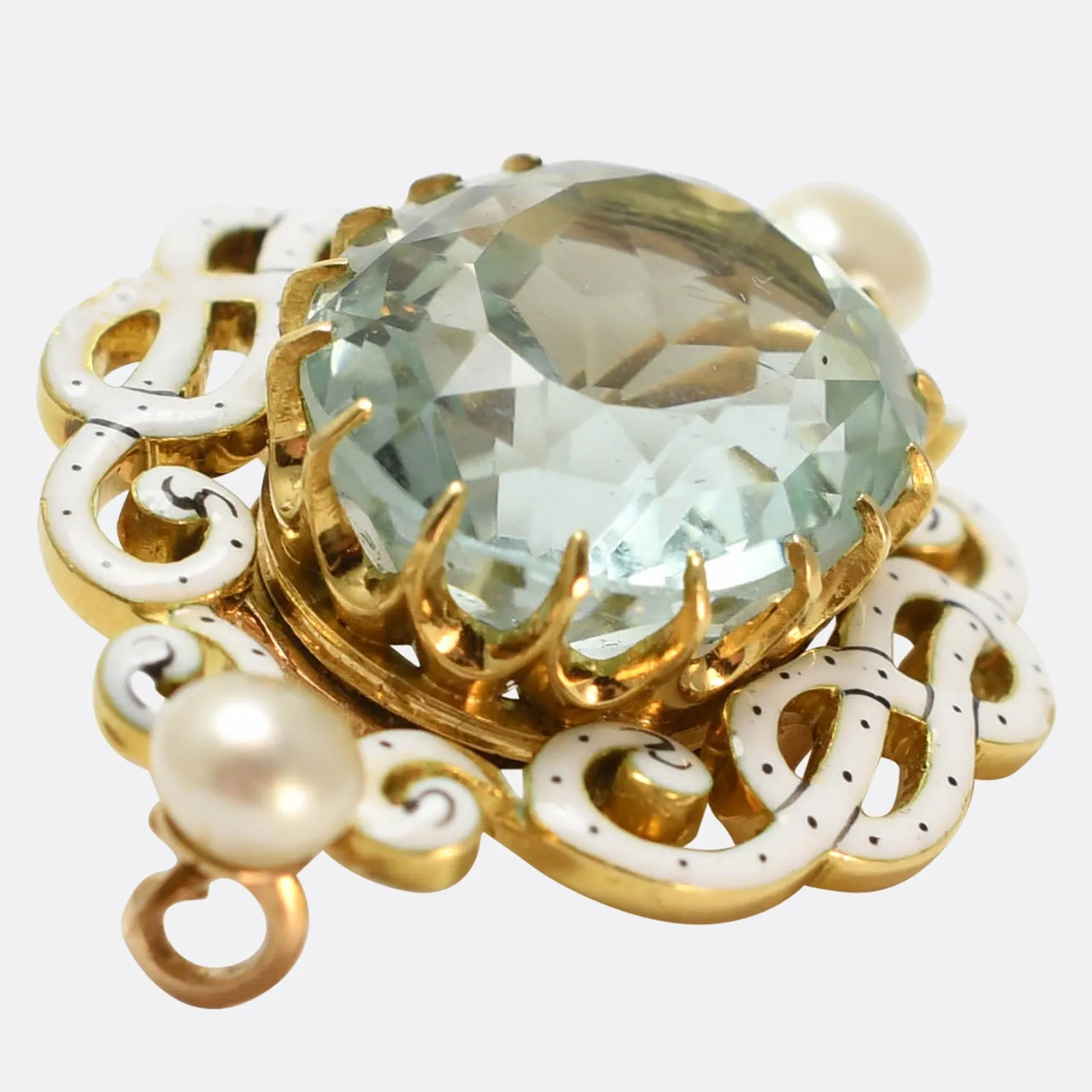 Edwardian 9.8ct Aquamarine, Pearl & Enamel Brooch