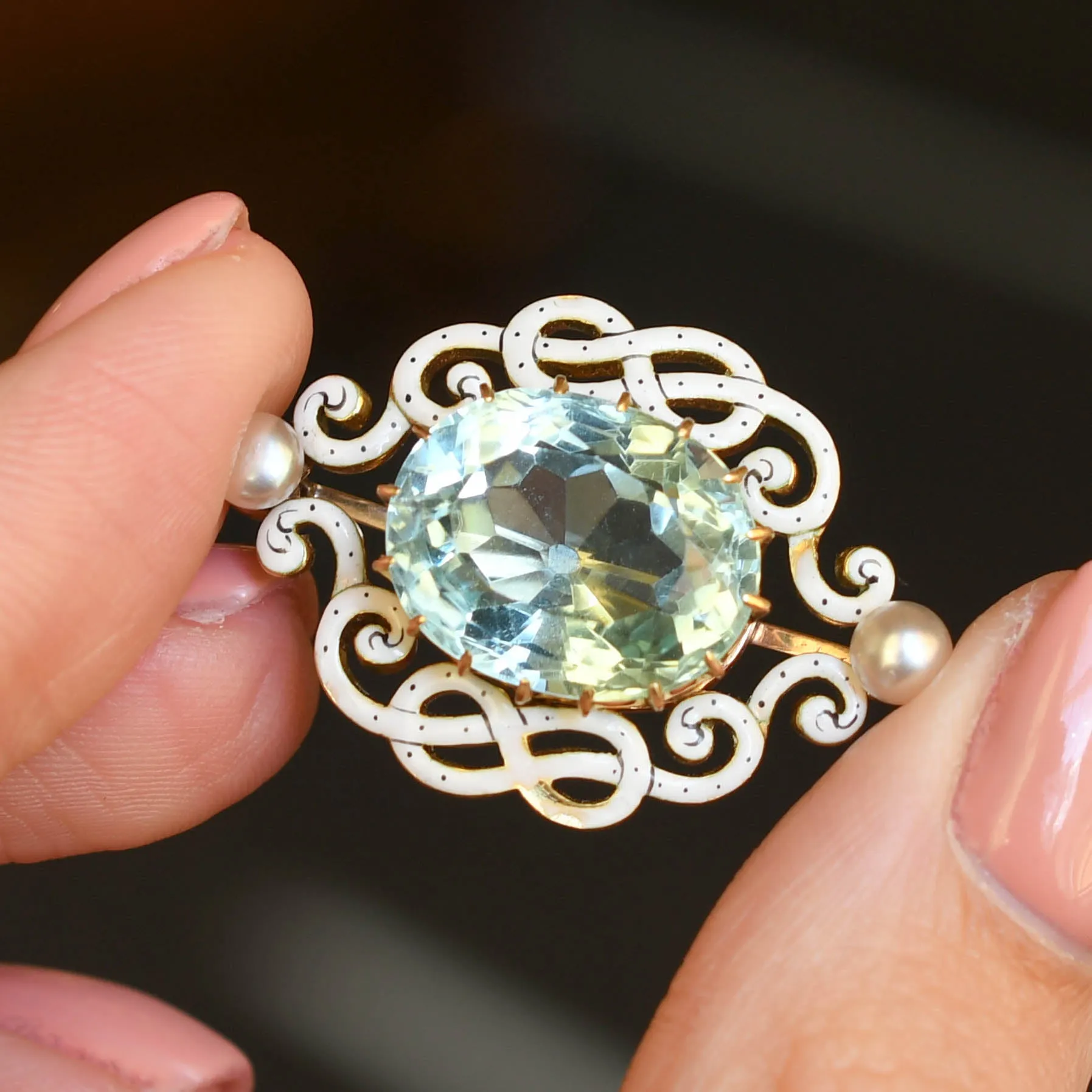 Edwardian 9.8ct Aquamarine, Pearl & Enamel Brooch