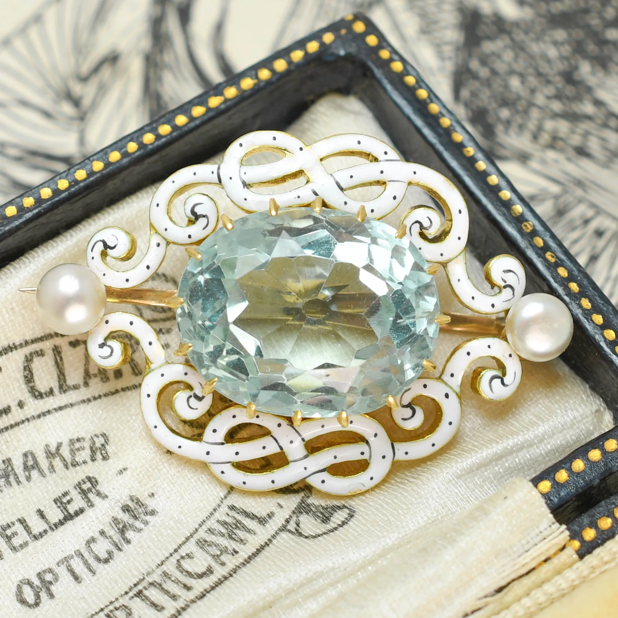 Edwardian 9.8ct Aquamarine, Pearl & Enamel Brooch