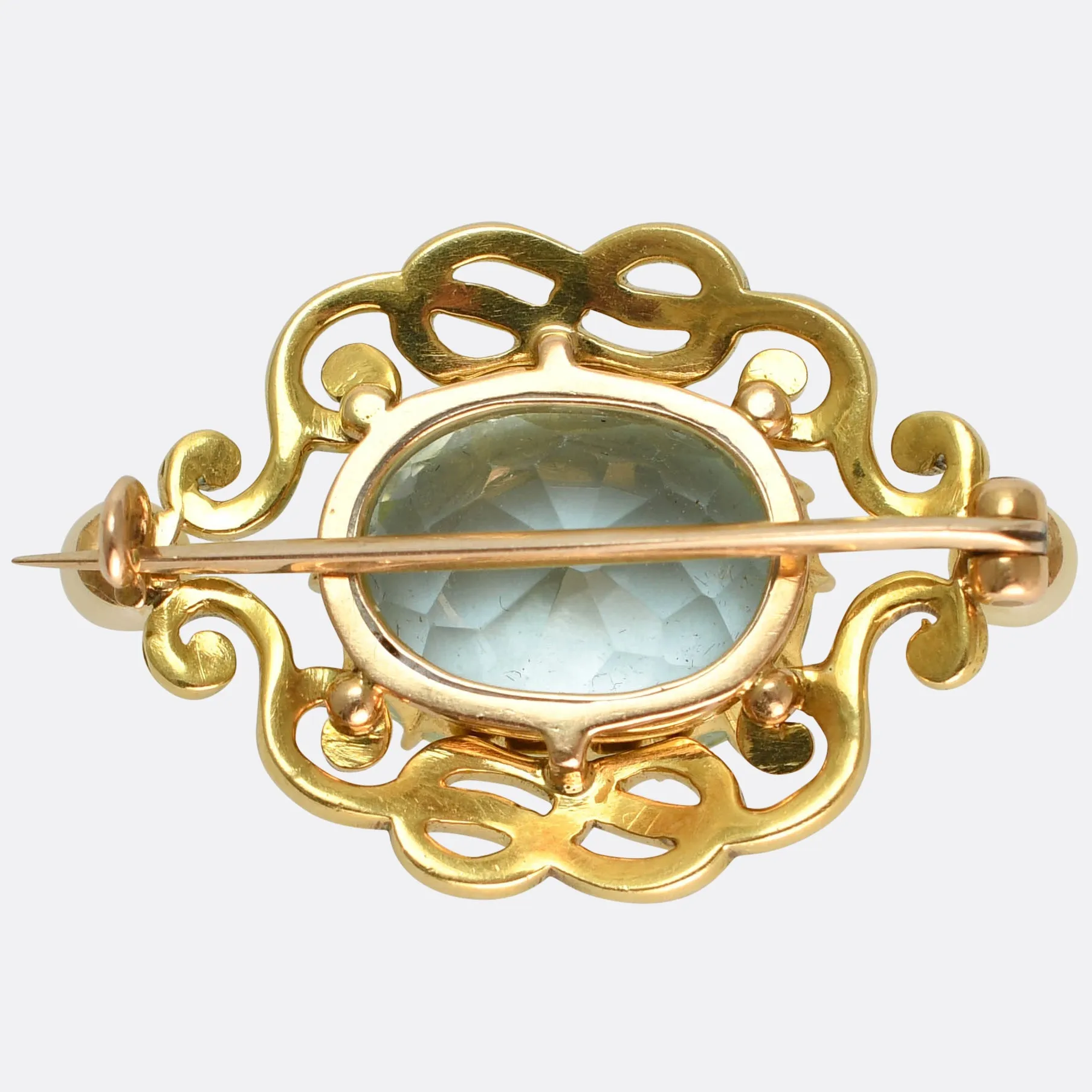 Edwardian 9.8ct Aquamarine, Pearl & Enamel Brooch