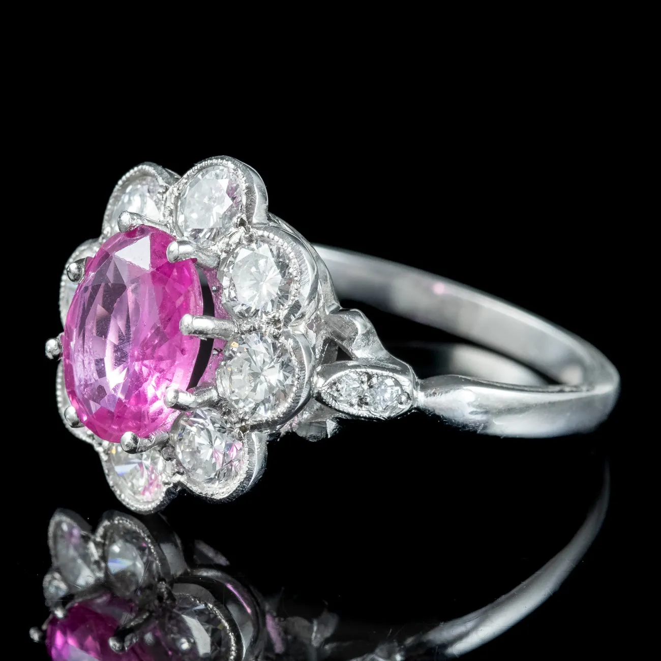 Edwardian Style Pink Sapphire Diamond Daisy Cluster Ring 1.5ct Sapphire With Cert