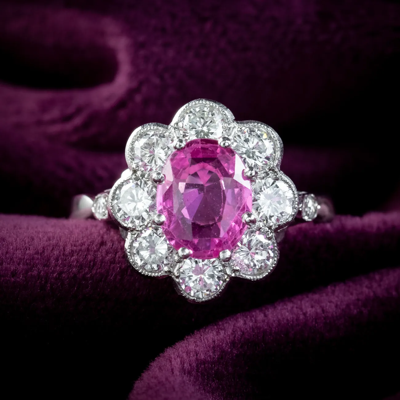 Edwardian Style Pink Sapphire Diamond Daisy Cluster Ring 1.5ct Sapphire With Cert