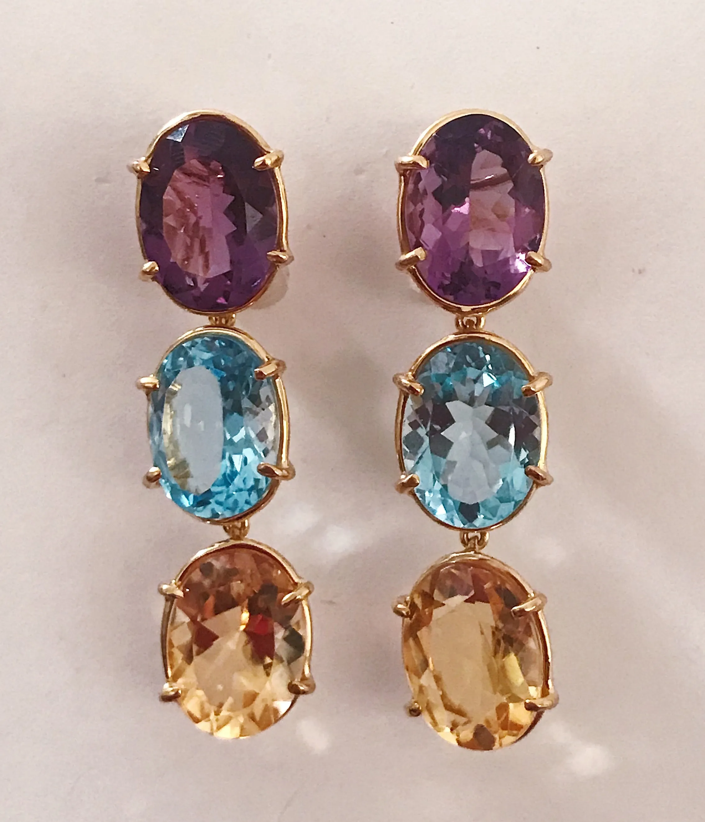 Elegant Three-Stone Drop Earring with Amethyst and Blue Topaz and Citrine