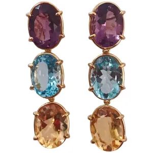 Elegant Three-Stone Drop Earring with Amethyst and Blue Topaz and Citrine