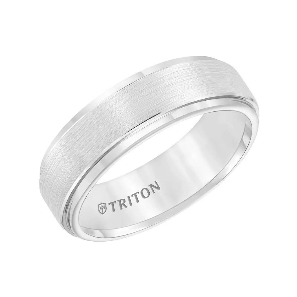 ELIJAH Raised Brush Finished Center White Tungsten Carbide Comfort Fit Band with Polished Step Edges by Triton Rings- 7 mm