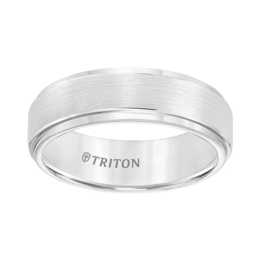 ELIJAH Raised Brush Finished Center White Tungsten Carbide Comfort Fit Band with Polished Step Edges by Triton Rings- 7 mm