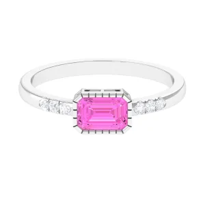 Emerald Cut Pink Sapphire East West Engagement Ring with Diamond