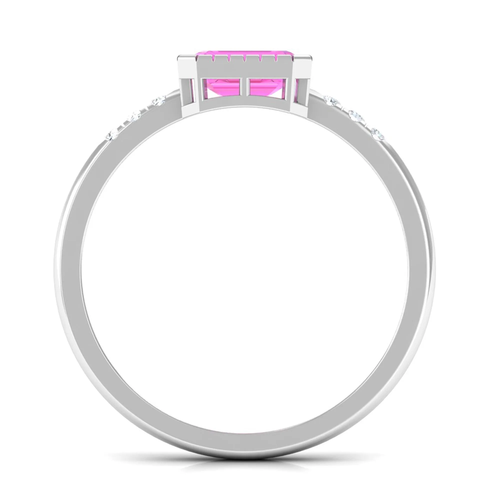 Emerald Cut Pink Sapphire East West Engagement Ring with Diamond