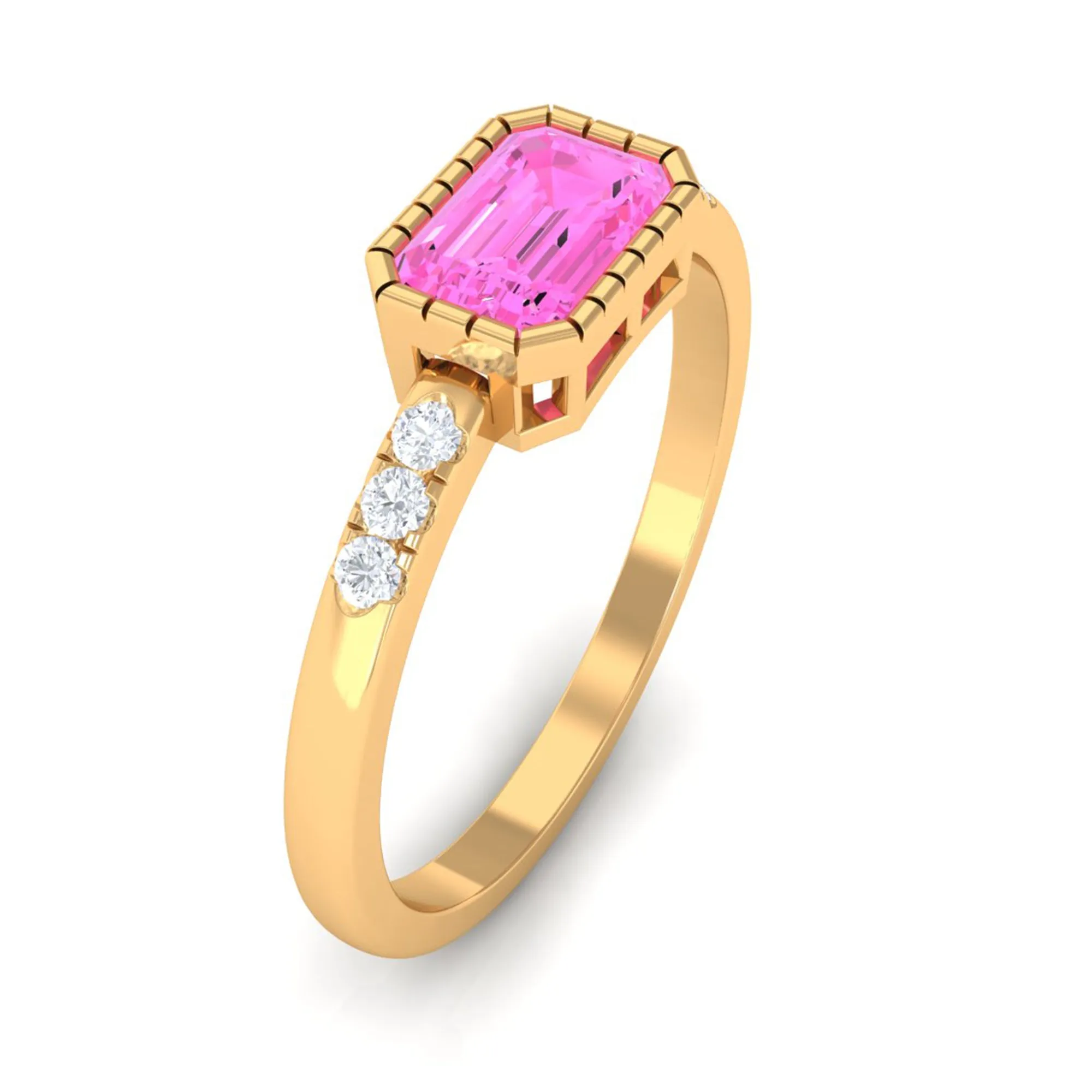 Emerald Cut Pink Sapphire East West Engagement Ring with Diamond