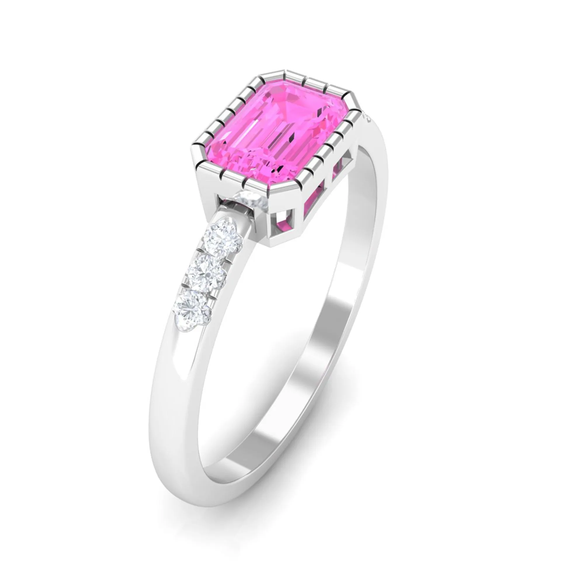 Emerald Cut Pink Sapphire East West Engagement Ring with Diamond