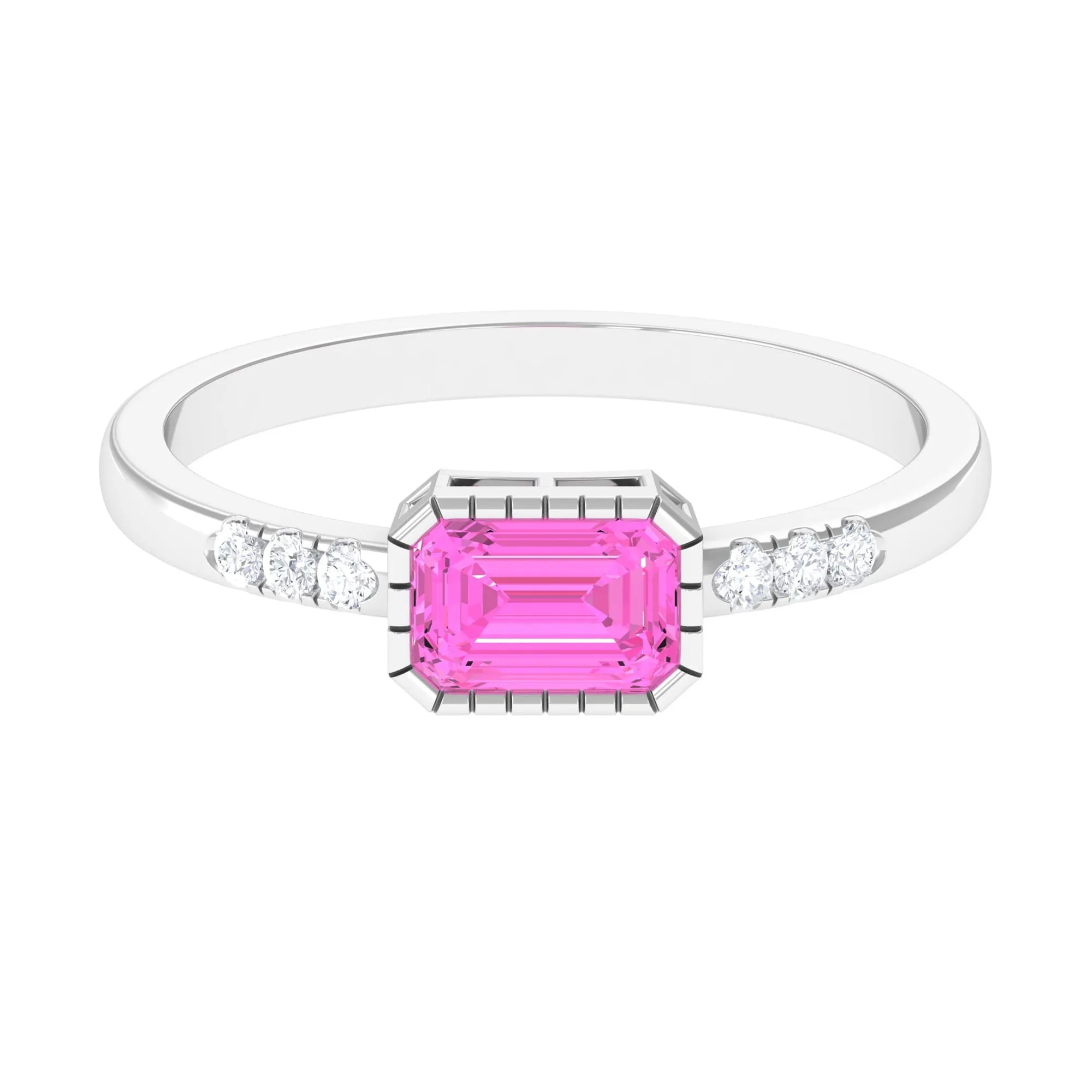 Emerald Cut Pink Sapphire East West Engagement Ring with Diamond