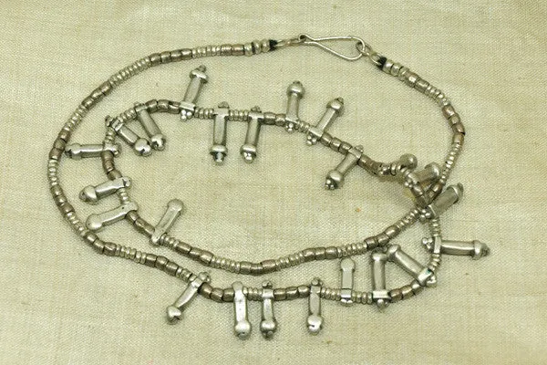 Ethiopian Silver Heishi Necklace with Penis Pendants