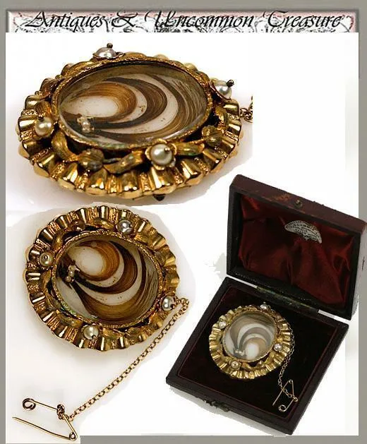 Fine Antique French Hair Art Brooch, 18K Gold & Pearls in Domed Jewelry Box