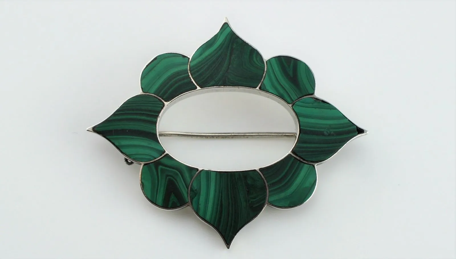 Fine Antique Victorian Silver Scottish Malachite Agate Brooch / Pin