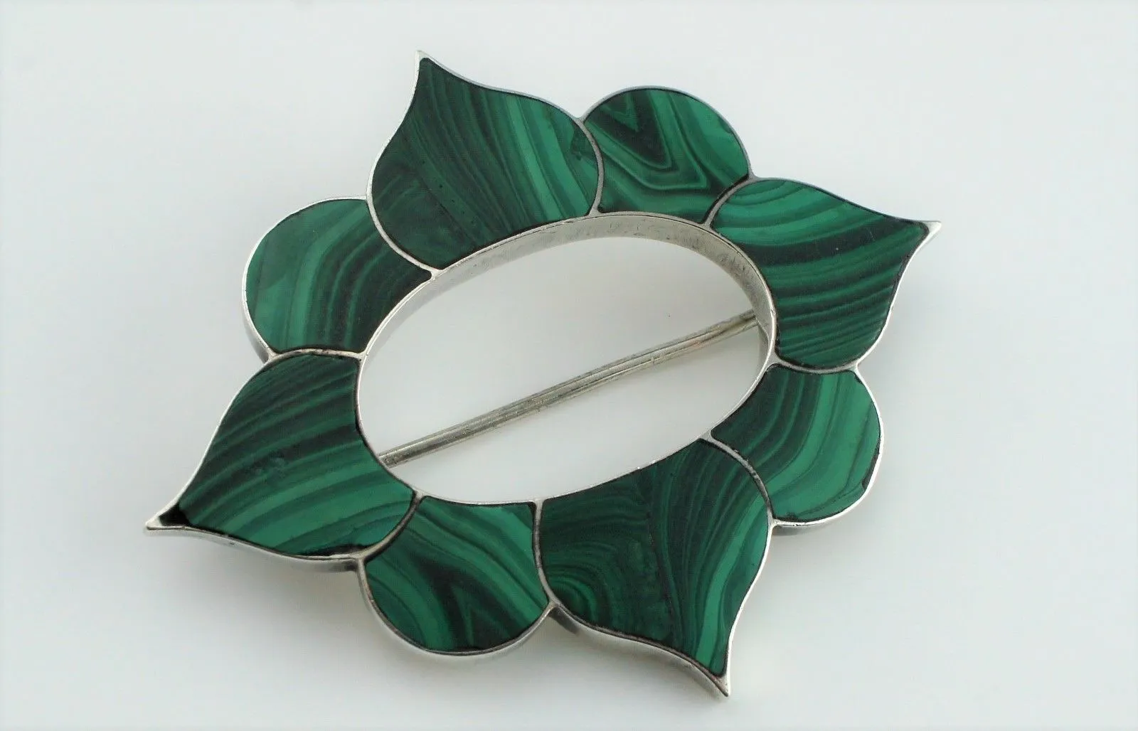 Fine Antique Victorian Silver Scottish Malachite Agate Brooch / Pin