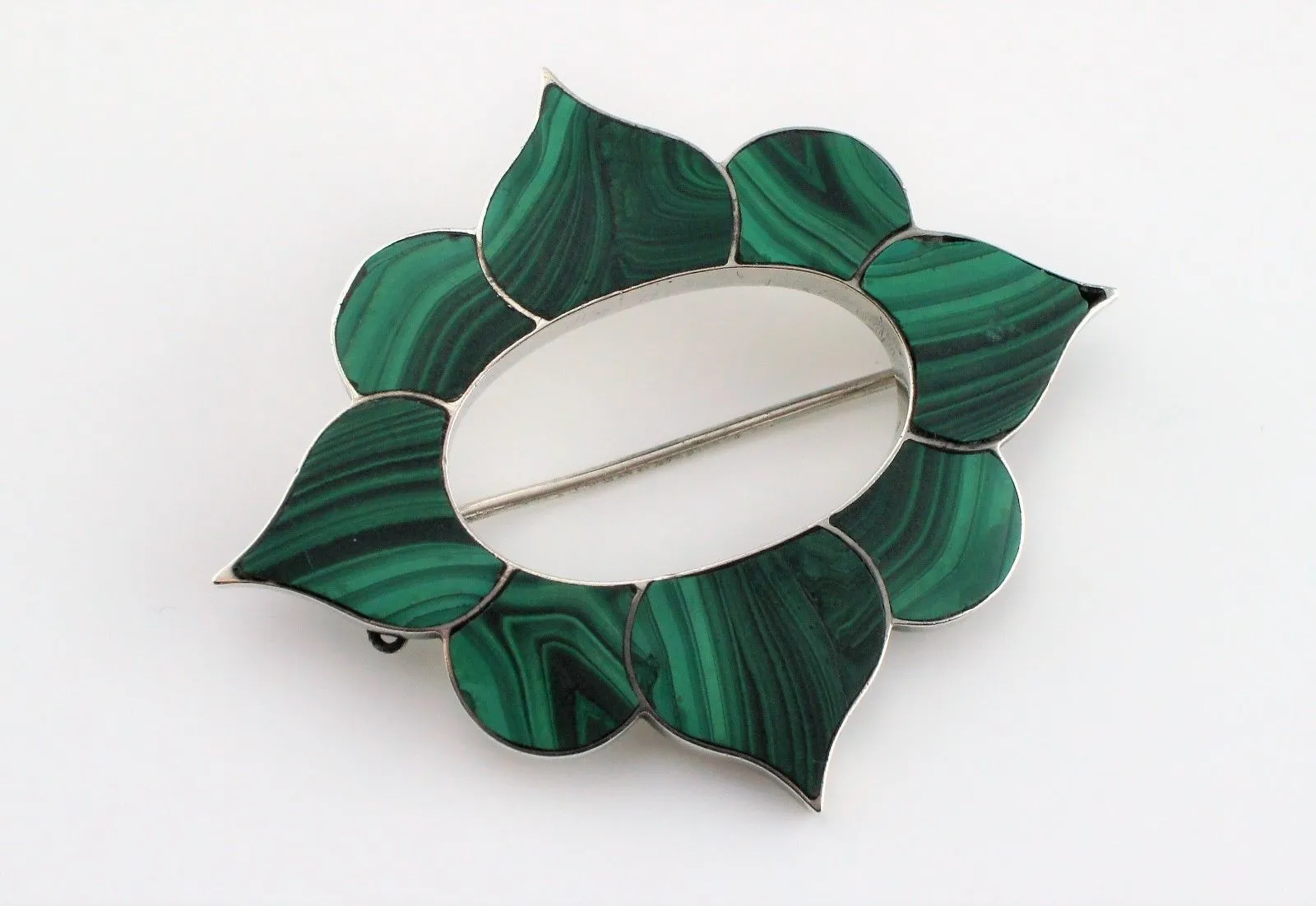 Fine Antique Victorian Silver Scottish Malachite Agate Brooch / Pin