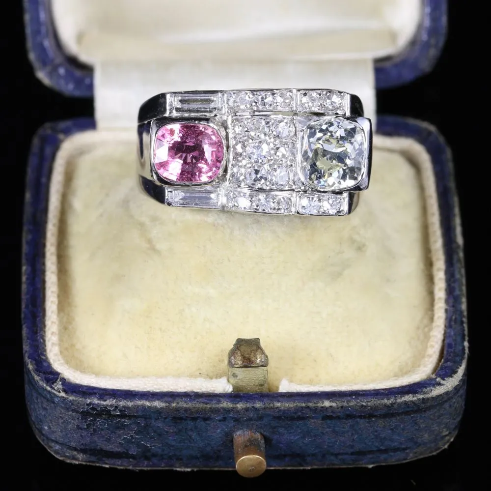 French Diamond Pink Sapphire Cocktail Ring Circa 1920