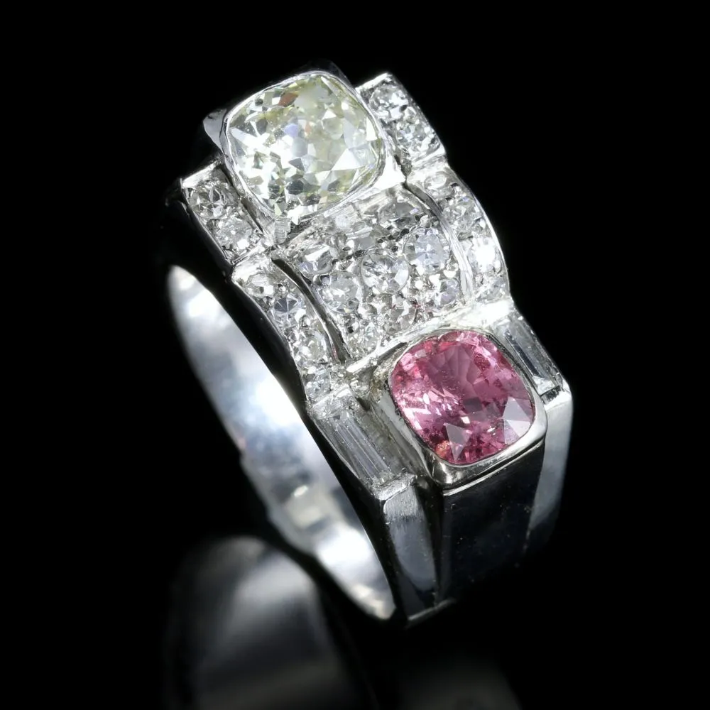 French Diamond Pink Sapphire Cocktail Ring Circa 1920