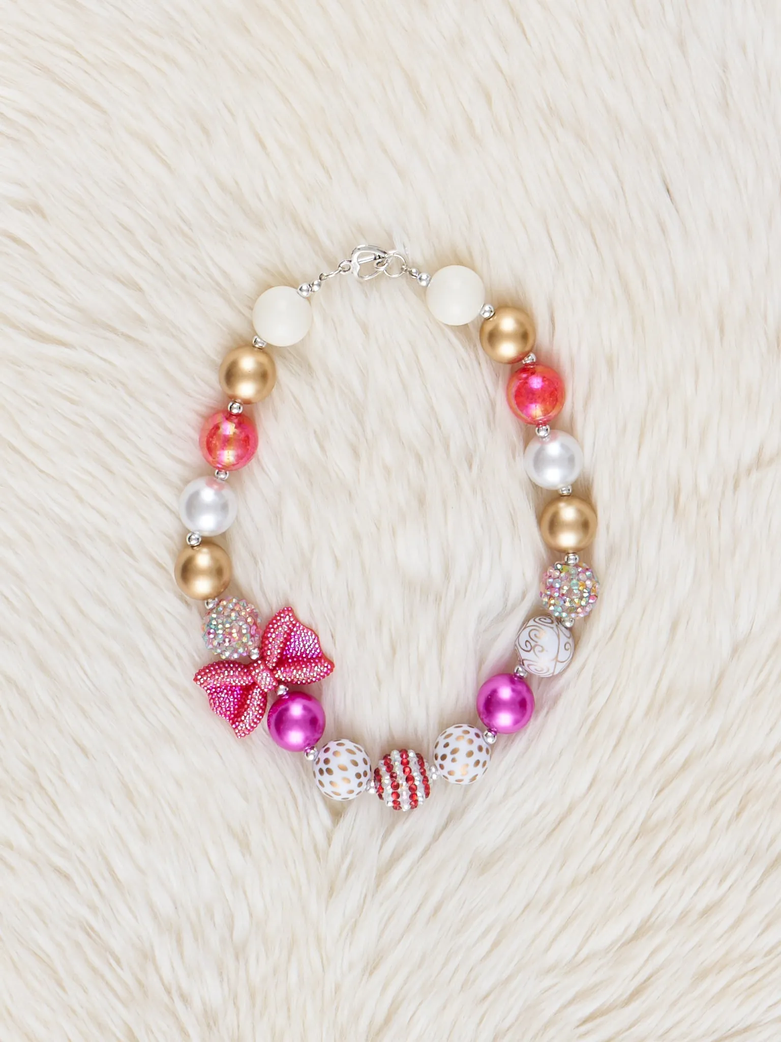 Gold & Pearl Bow Charm Bubblegum Necklace