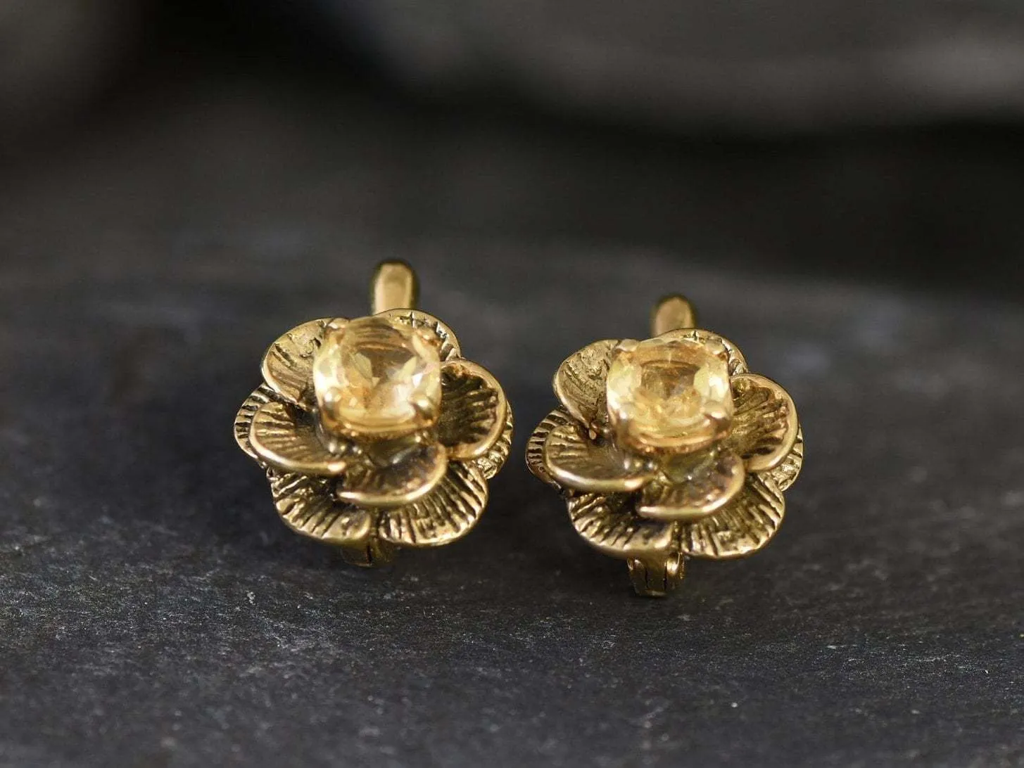 Gold Citrine Studs - Natural Citrine Earrings, Gold Flower Earrings