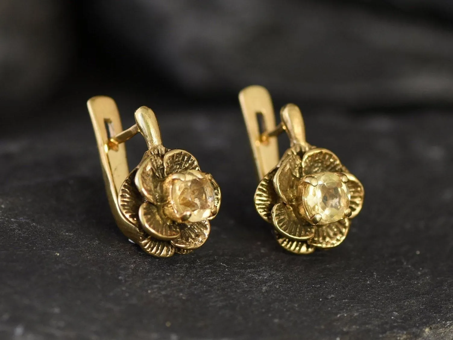 Gold Citrine Studs - Natural Citrine Earrings, Gold Flower Earrings