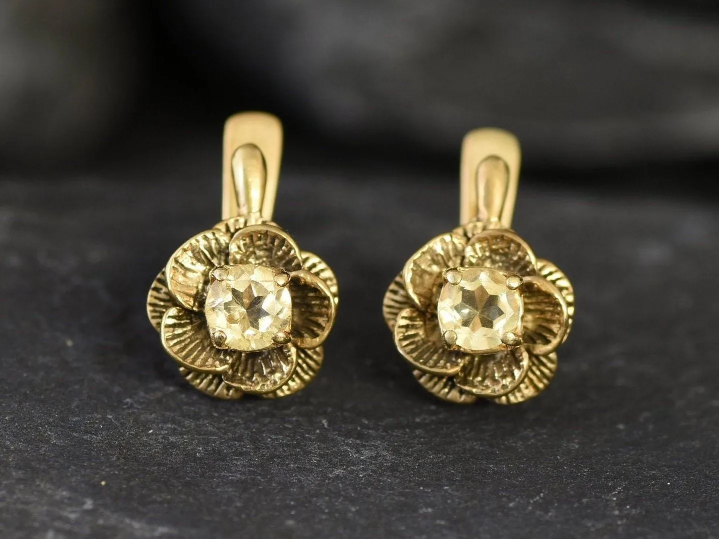 Gold Citrine Studs - Natural Citrine Earrings, Gold Flower Earrings