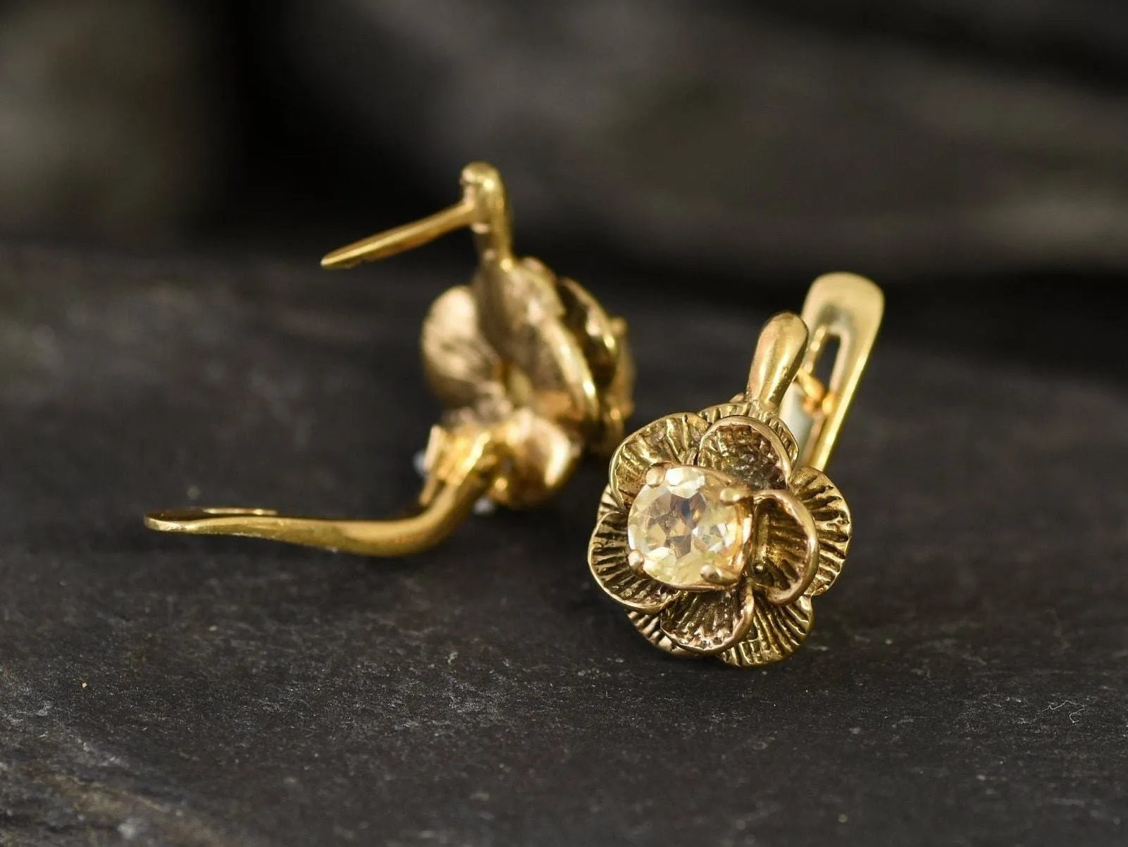 Gold Citrine Studs - Natural Citrine Earrings, Gold Flower Earrings