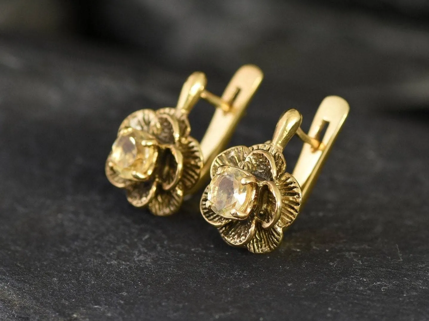 Gold Citrine Studs - Natural Citrine Earrings, Gold Flower Earrings